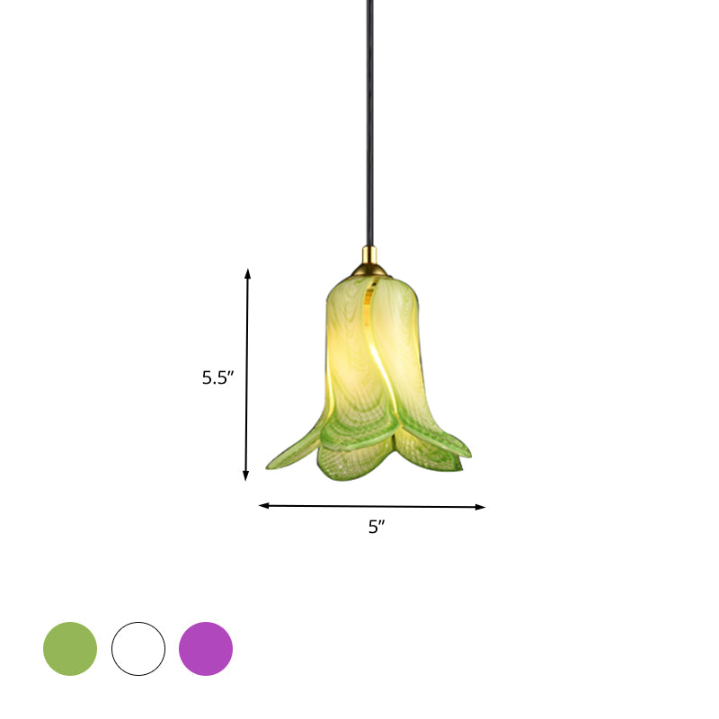Countryside Bell-Shaped Pendant Lighting 1 Light White/Green/Purple Glass Ceiling Hang Fixture for Bedroom Clearhalo 'Ceiling Lights' 'Glass shade' 'Glass' 'Pendant Lights' 'Pendants' Lighting' 337964