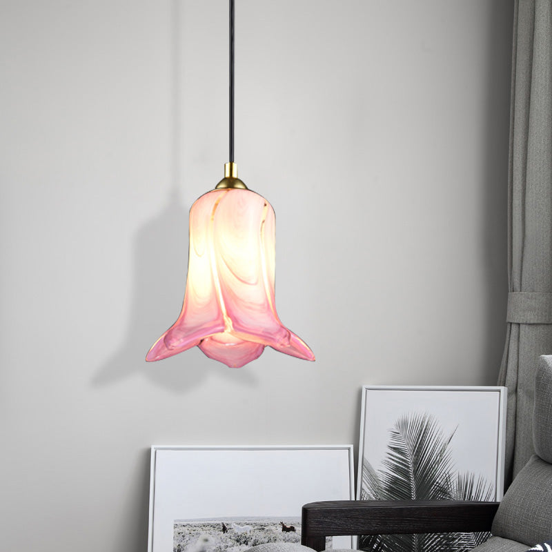 Countryside Bell-Shaped Pendant Lighting 1 Light White/Green/Purple Glass Ceiling Hang Fixture for Bedroom Purple Clearhalo 'Ceiling Lights' 'Glass shade' 'Glass' 'Pendant Lights' 'Pendants' Lighting' 337968