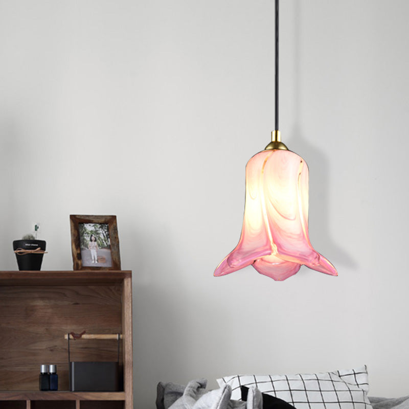 Countryside Bell-Shaped Pendant Lighting 1 Light White/Green/Purple Glass Ceiling Hang Fixture for Bedroom Clearhalo 'Ceiling Lights' 'Glass shade' 'Glass' 'Pendant Lights' 'Pendants' Lighting' 337969