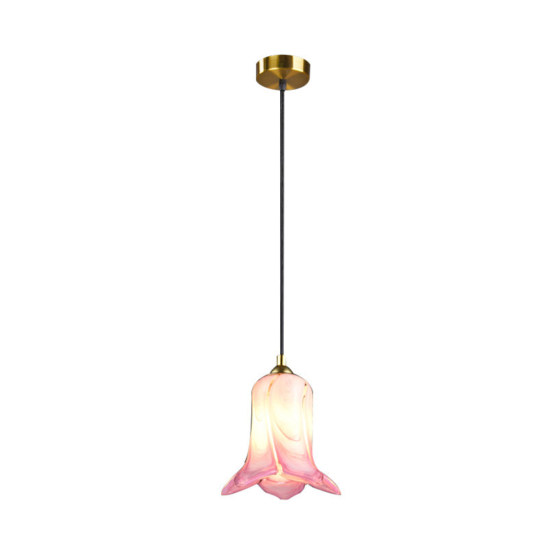 Countryside Bell-Shaped Pendant Lighting 1 Light White/Green/Purple Glass Ceiling Hang Fixture for Bedroom Clearhalo 'Ceiling Lights' 'Glass shade' 'Glass' 'Pendant Lights' 'Pendants' Lighting' 337970