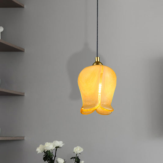 1 Light Blossom Drop Pendant Rustic White/Yellow Glass Ceiling Suspension Lamp for Bedroom Yellow Clearhalo 'Ceiling Lights' 'Glass shade' 'Glass' 'Pendant Lights' 'Pendants' Lighting' 337971