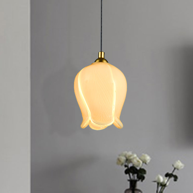 1 Light Blossom Drop Pendant Rustic White/Yellow Glass Ceiling Suspension Lamp for Bedroom Clearhalo 'Ceiling Lights' 'Glass shade' 'Glass' 'Pendant Lights' 'Pendants' Lighting' 337977