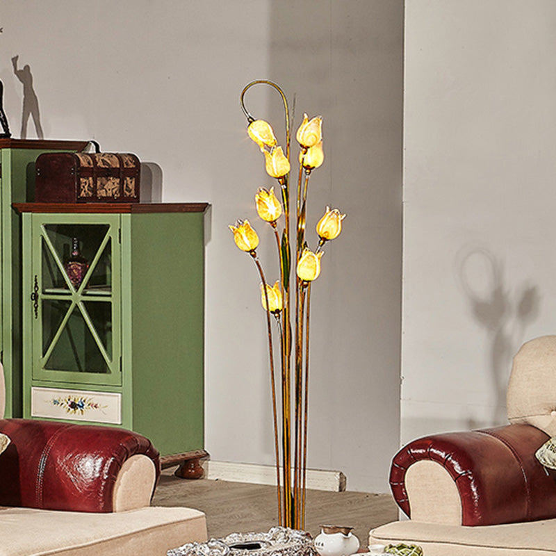 Flower Living Room Stand Up Lamp Traditional Beige Glass 9 Lights Brass Floor Light Brass Clearhalo 'Floor Lamps' 'Lamps' Lighting' 337999