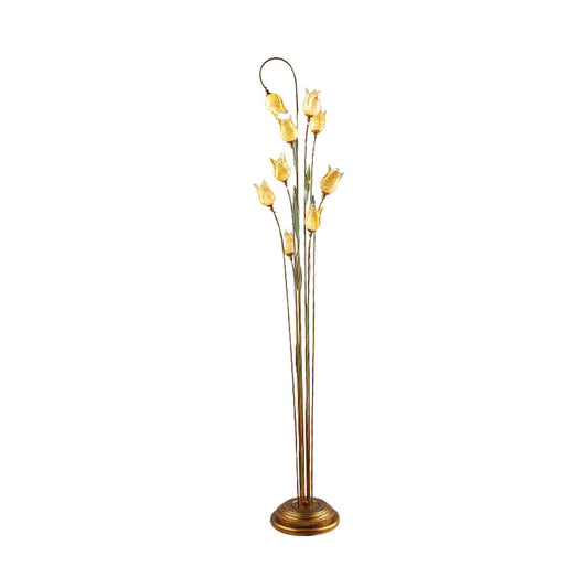 Flower Living Room Stand Up Lamp Traditional Beige Glass 9 Lights Brass Floor Light Clearhalo 'Floor Lamps' 'Lamps' Lighting' 338002