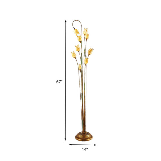 Flower Living Room Stand Up Lamp Traditional Beige Glass 9 Lights Brass Floor Light Clearhalo 'Floor Lamps' 'Lamps' Lighting' 338003