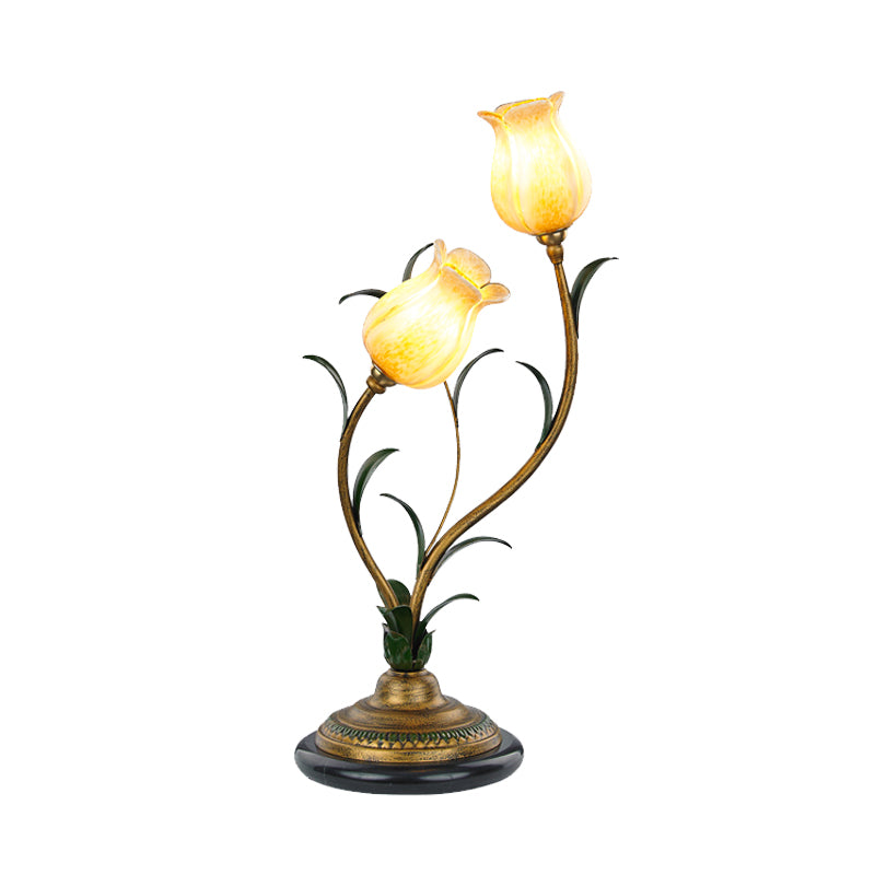 Countryside Blossom Table Lamp 2 Lights White/Yellow Glass Night Light in Brass for Living Room Clearhalo 'Lamps' 'Table Lamps' Lighting' 338025