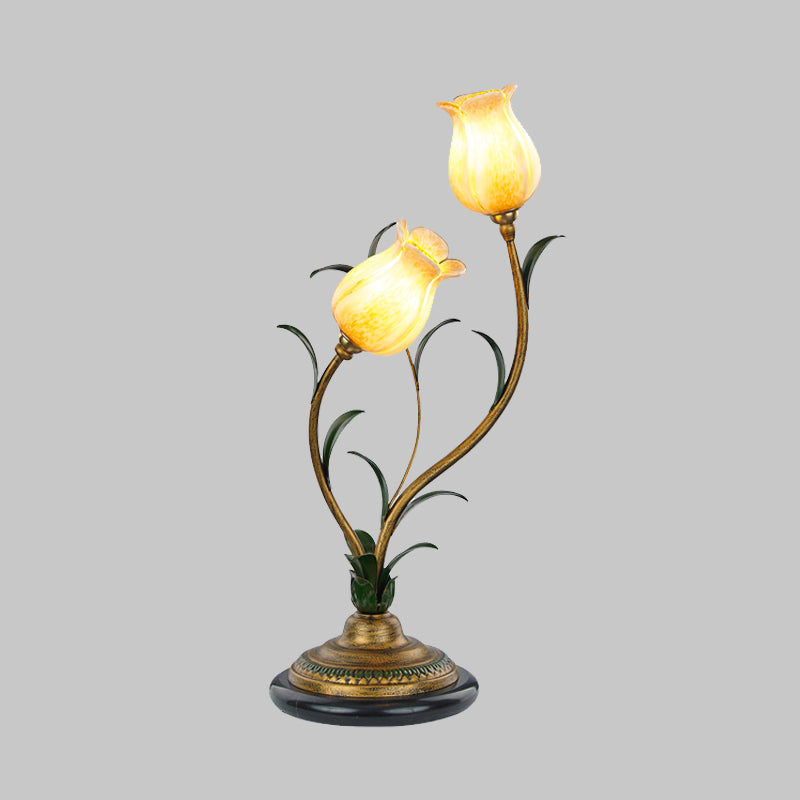 Countryside Blossom Table Lamp 2 Lights White/Yellow Glass Night Light in Brass for Living Room Clearhalo 'Lamps' 'Table Lamps' Lighting' 338026