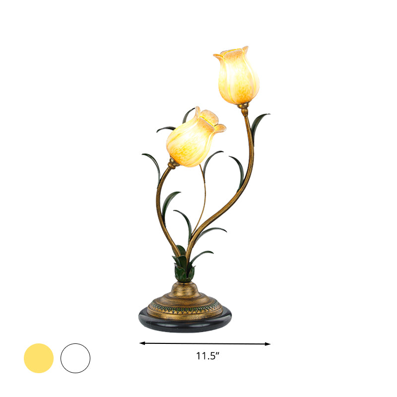 Countryside Blossom Table Lamp 2 Lights White/Yellow Glass Night Light in Brass for Living Room Clearhalo 'Lamps' 'Table Lamps' Lighting' 338027