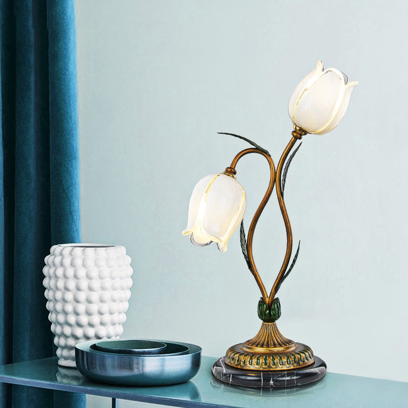 Countryside Blossom Table Lamp 2 Lights White/Yellow Glass Night Light in Brass for Living Room White Clearhalo 'Lamps' 'Table Lamps' Lighting' 338028