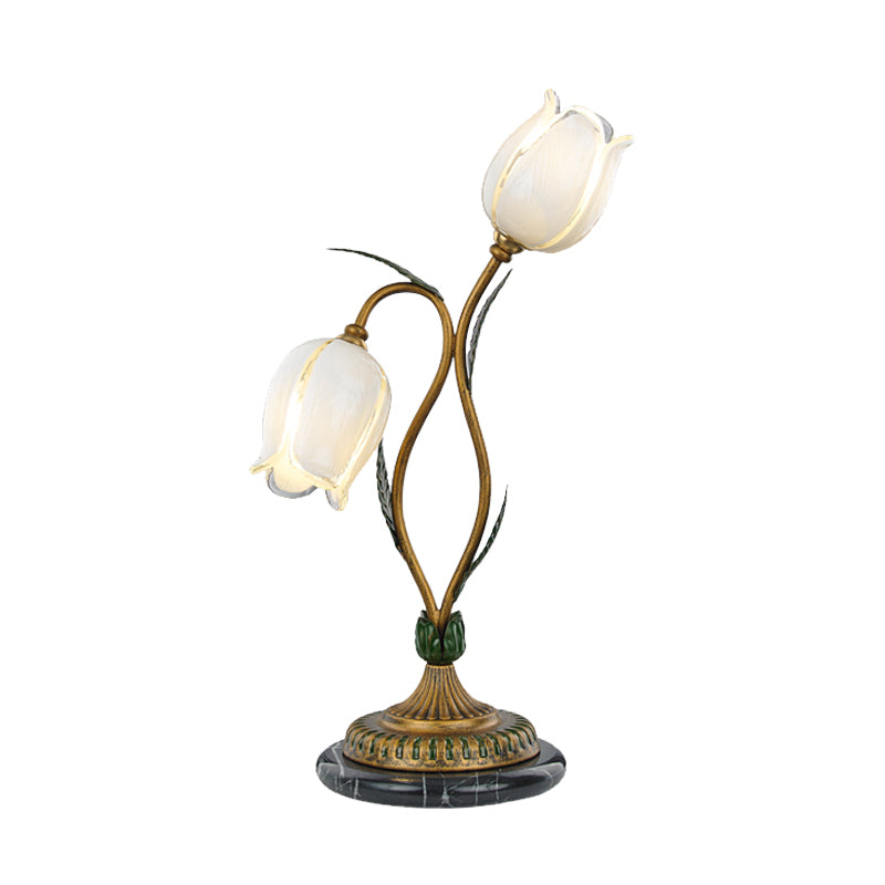 Countryside Blossom Table Lamp 2 Lights White/Yellow Glass Night Light in Brass for Living Room Clearhalo 'Lamps' 'Table Lamps' Lighting' 338030