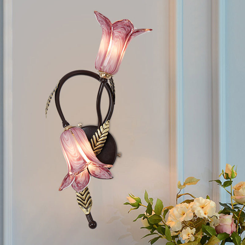 Swooping Arm White/Purple Glass Wall Lamp Countryside 2 Lights Bedroom Sconce Light Fixture in Black/Gold Black Purple Clearhalo 'Wall Lamps & Sconces' 'Wall Lights' Lighting' 338052