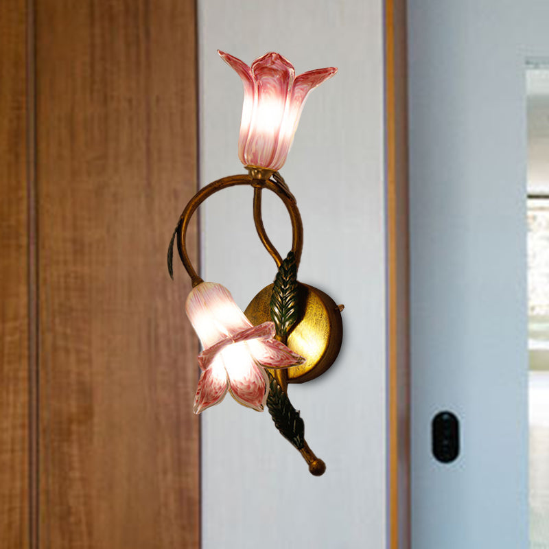 Swooping Arm White/Purple Glass Wall Lamp Countryside 2 Lights Bedroom Sconce Light Fixture in Black/Gold Gold Purple Clearhalo 'Wall Lamps & Sconces' 'Wall Lights' Lighting' 338058