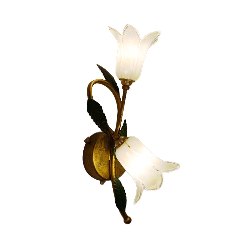 Swooping Arm White/Purple Glass Wall Lamp Countryside 2 Lights Bedroom Sconce Light Fixture in Black/Gold Gold White Clearhalo 'Wall Lamps & Sconces' 'Wall Lights' Lighting' 338061