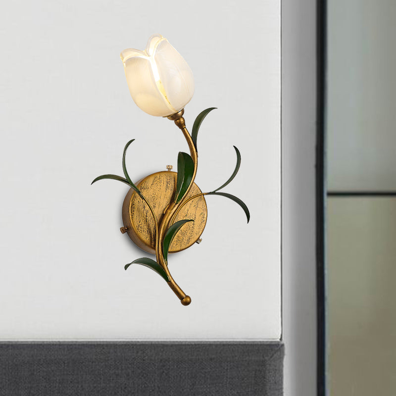 Brass 1 Head Wall Mounted Lamp Rustic White/Yellow Glass Floral Sconce Light for Living Room Clearhalo 'Wall Lamps & Sconces' 'Wall Lights' Lighting' 338068