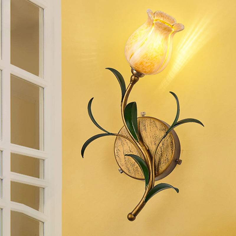 Brass 1 Head Wall Mounted Lamp Rustic White/Yellow Glass Floral Sconce Light for Living Room Yellow Clearhalo 'Wall Lamps & Sconces' 'Wall Lights' Lighting' 338072