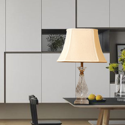 1 Light Fabric Night Lamp Traditionalism Beige Paneled Bell Bedroom Nightstand Light with Crystal Base Beige Clearhalo 'Lamps' 'Table Lamps' Lighting' 338139