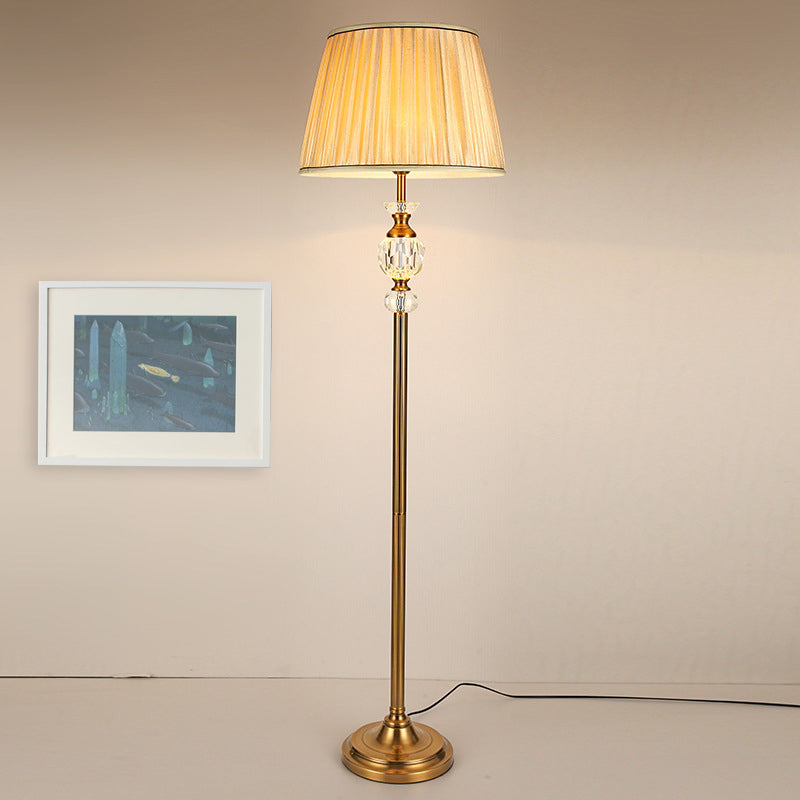 Lodge Tapered Standing Lamp Single Light Fabric Floor Light in Beige for Living Room with Crystal Accent Beige Clearhalo 'Floor Lamps' 'Lamps' Lighting' 338294