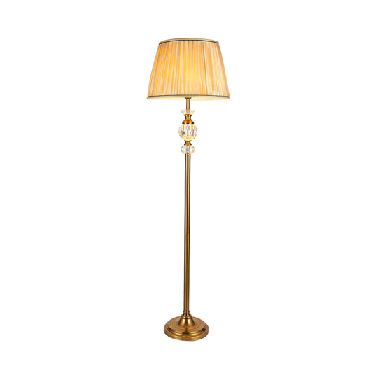 Lodge Tapered Standing Lamp Single Light Fabric Floor Light in Beige for Living Room with Crystal Accent Clearhalo 'Floor Lamps' 'Lamps' Lighting' 338296