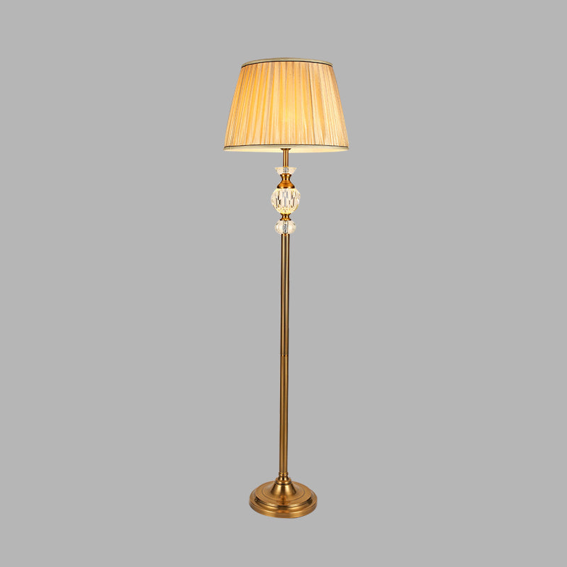 Lodge Tapered Standing Lamp Single Light Fabric Floor Light in Beige for Living Room with Crystal Accent Clearhalo 'Floor Lamps' 'Lamps' Lighting' 338297