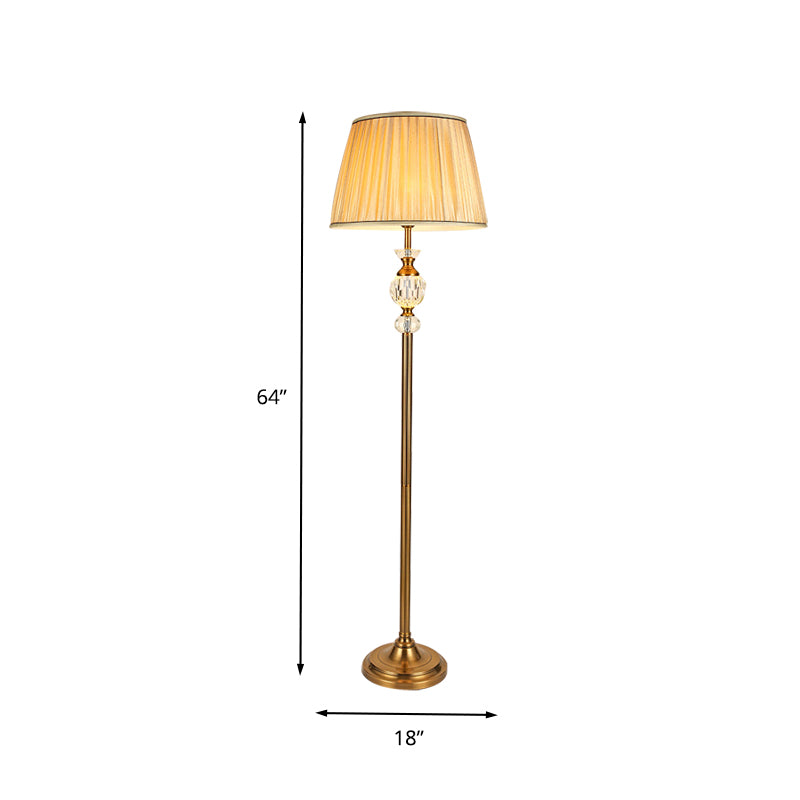 Lodge Tapered Standing Lamp Single Light Fabric Floor Light in Beige for Living Room with Crystal Accent Clearhalo 'Floor Lamps' 'Lamps' Lighting' 338298