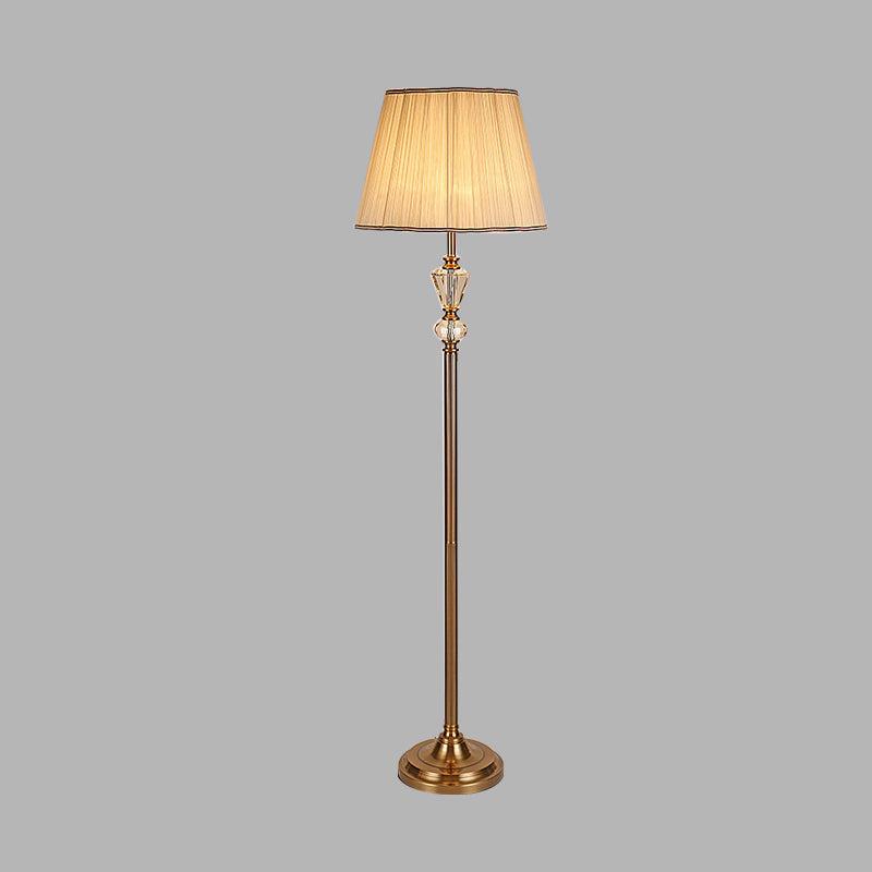 Single Head Living Room Crystal Reading Floor Light Rustic Beige Stand Up Lamp with Drum Fabric Shade Clearhalo 'Floor Lamps' 'Lamps' Lighting' 338312