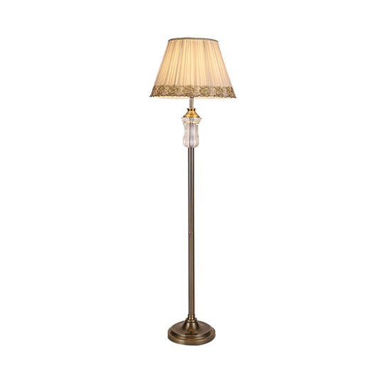 1 Light Fabric Floor Lamp Traditional Beige Pleated Shade Living Room Crystal Standing Light with Braided Trim Clearhalo 'Floor Lamps' 'Lamps' Lighting' 338316