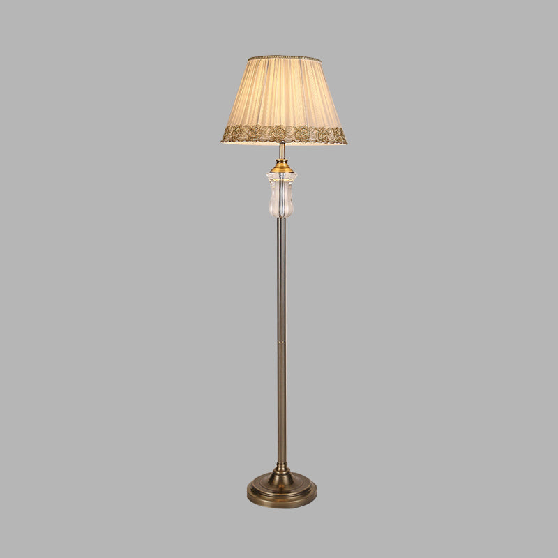1 Light Fabric Floor Lamp Traditional Beige Pleated Shade Living Room Crystal Standing Light with Braided Trim Clearhalo 'Floor Lamps' 'Lamps' Lighting' 338317
