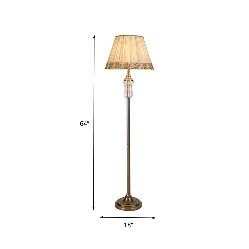 1 Light Fabric Floor Lamp Traditional Beige Pleated Shade Living Room Crystal Standing Light with Braided Trim Clearhalo 'Floor Lamps' 'Lamps' Lighting' 338318