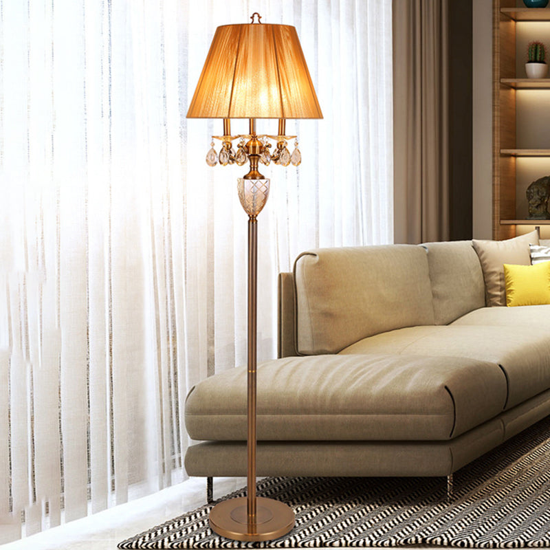 Beige 3 Lights Standing Light Traditionalism Fabric Tapered Reading Floor Lamp with Dangling Crystal Clearhalo 'Floor Lamps' 'Lamps' Lighting' 338325