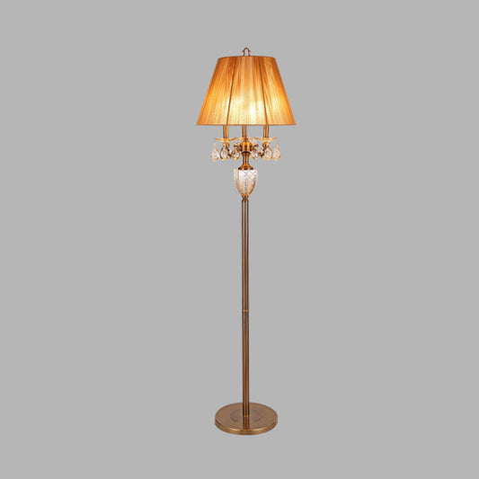 Beige 3 Lights Standing Light Traditionalism Fabric Tapered Reading Floor Lamp with Dangling Crystal Clearhalo 'Floor Lamps' 'Lamps' Lighting' 338327