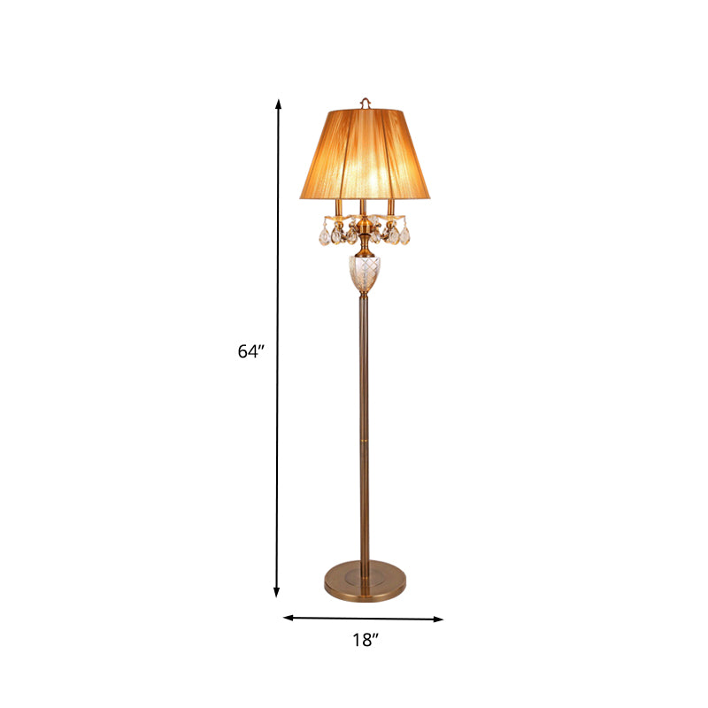 Beige 3 Lights Standing Light Traditionalism Fabric Tapered Reading Floor Lamp with Dangling Crystal Clearhalo 'Floor Lamps' 'Lamps' Lighting' 338328