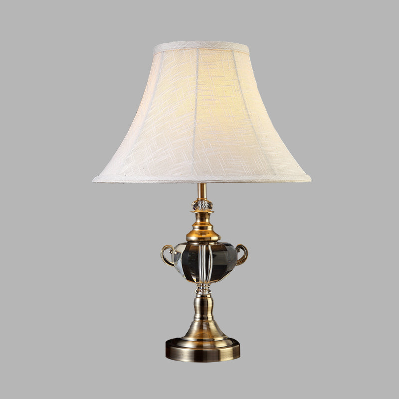 Tapered Fabric Nightstand Light Traditional 1 Light Bedroom Table Lamp in White with Crystal Deco Clearhalo 'Lamps' 'Table Lamps' Lighting' 338372