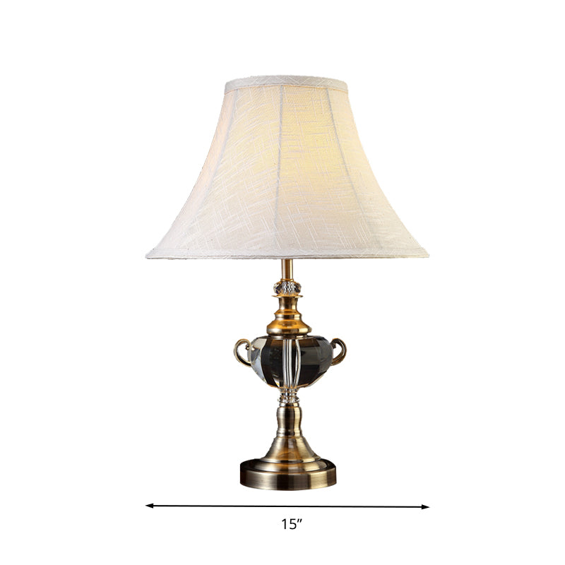 Tapered Fabric Nightstand Light Traditional 1 Light Bedroom Table Lamp in White with Crystal Deco Clearhalo 'Lamps' 'Table Lamps' Lighting' 338373