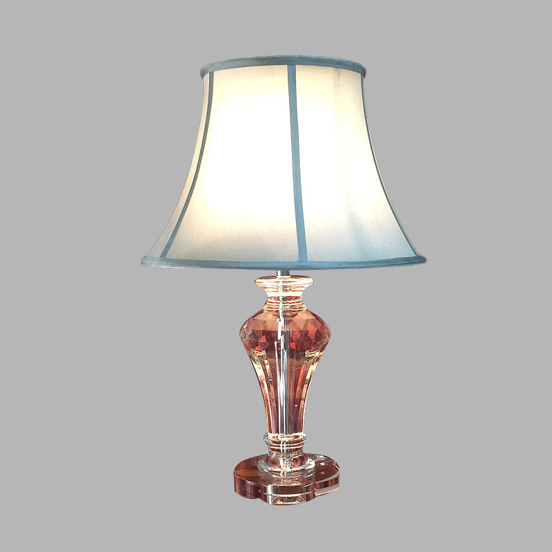 Fabric White/Blue Table Light Bell Single Light Rural Style Night Lamp with Clear Crystal Base Clearhalo 'Lamps' 'Table Lamps' Lighting' 338397