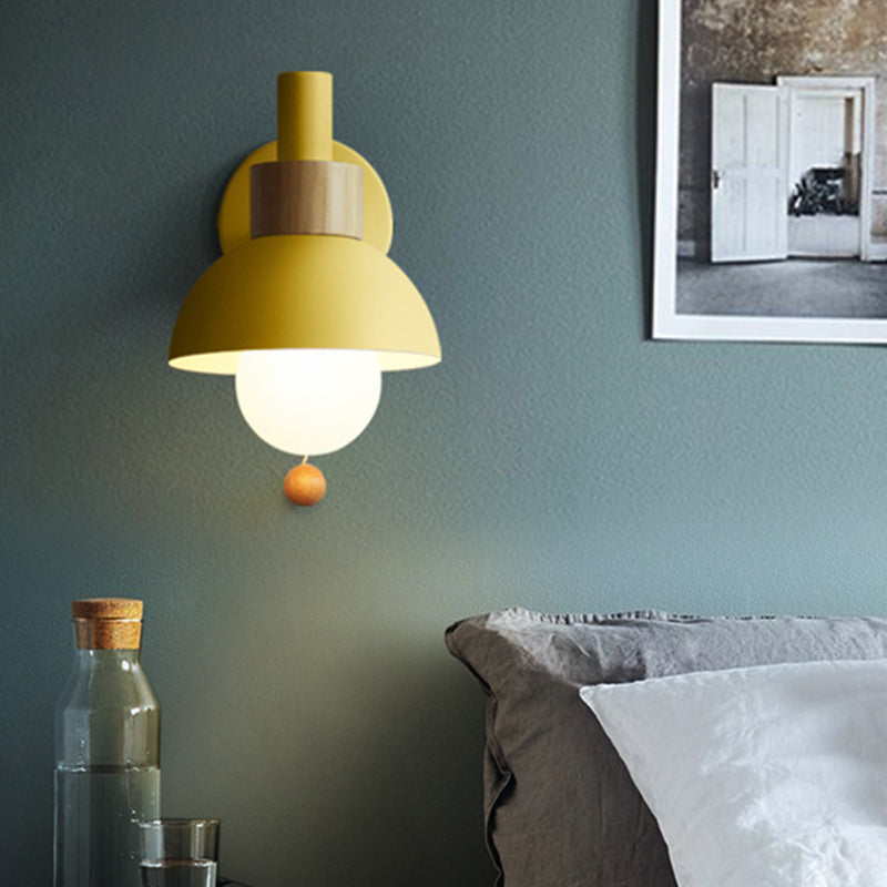 1 Head Bedside Wall Lamp Macaron White/Pink/Yellow Sconce Light Fixture with Domed Metal Shade Yellow Clearhalo 'Wall Lamps & Sconces' 'Wall Lights' Lighting' 338549