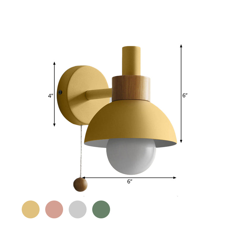 1 Head Bedside Wall Lamp Macaron White/Pink/Yellow Sconce Light Fixture with Domed Metal Shade Clearhalo 'Wall Lamps & Sconces' 'Wall Lights' Lighting' 338553
