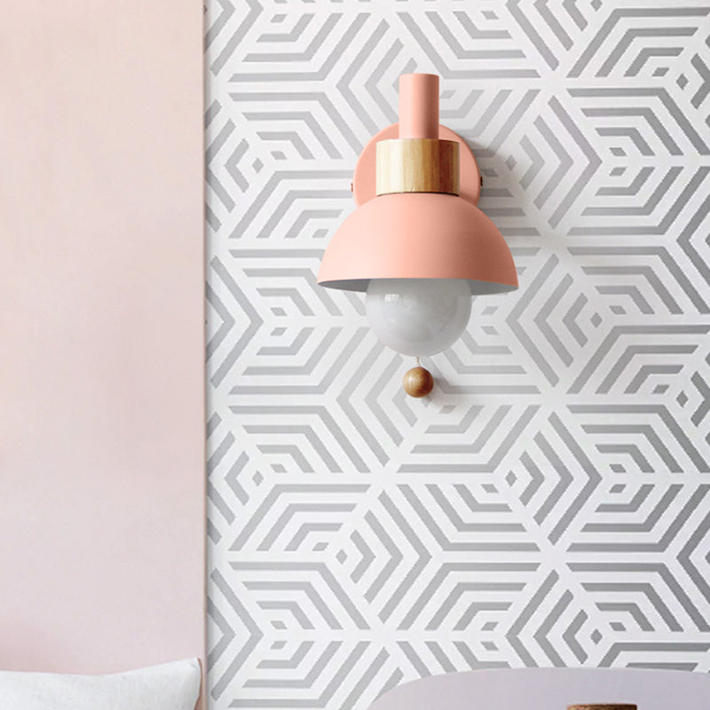 1 Head Bedside Wall Lamp Macaron White/Pink/Yellow Sconce Light Fixture with Domed Metal Shade Clearhalo 'Wall Lamps & Sconces' 'Wall Lights' Lighting' 338556