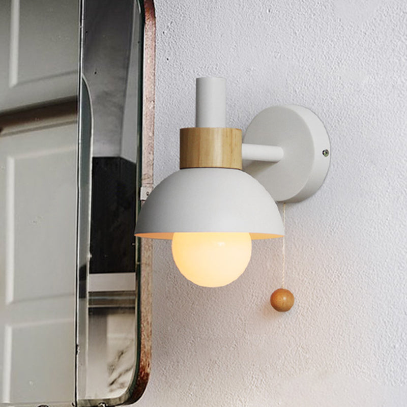 1 Head Bedside Wall Lamp Macaron White/Pink/Yellow Sconce Light Fixture with Domed Metal Shade White Clearhalo 'Wall Lamps & Sconces' 'Wall Lights' Lighting' 338558