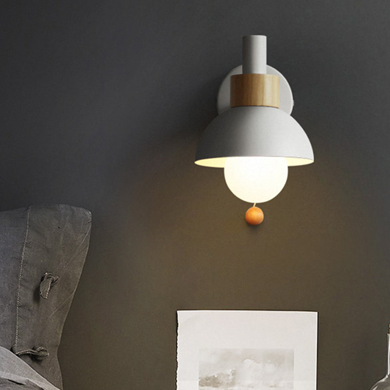 1 Head Bedside Wall Lamp Macaron White/Pink/Yellow Sconce Light Fixture with Domed Metal Shade Clearhalo 'Wall Lamps & Sconces' 'Wall Lights' Lighting' 338559