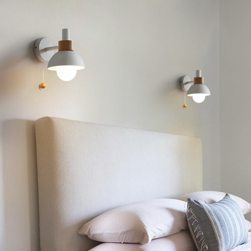 1 Head Bedside Wall Lamp Macaron White/Pink/Yellow Sconce Light Fixture with Domed Metal Shade Clearhalo 'Wall Lamps & Sconces' 'Wall Lights' Lighting' 338560