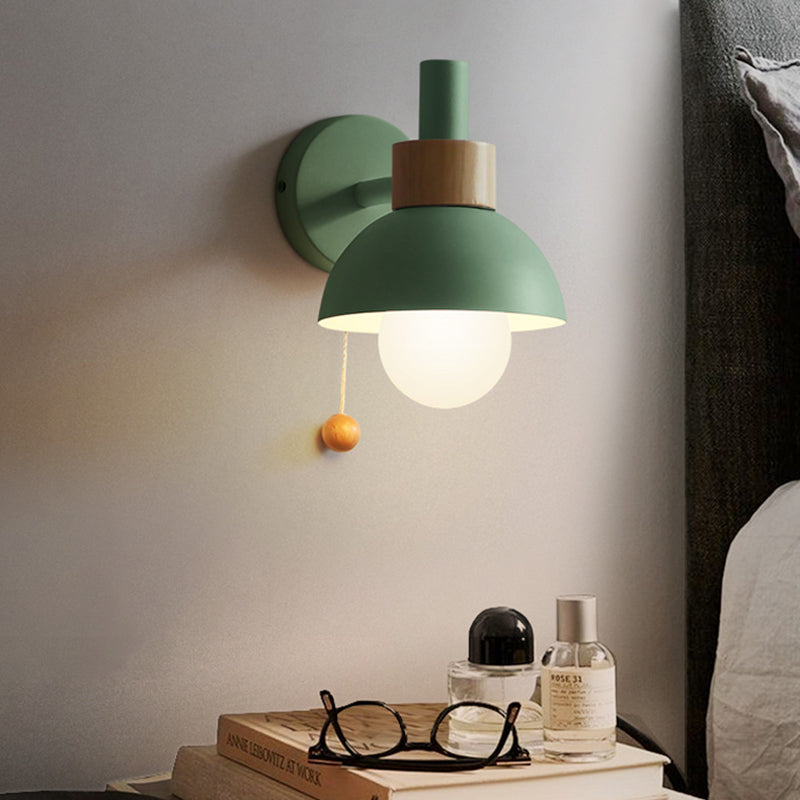 1 Head Bedside Wall Lamp Macaron White/Pink/Yellow Sconce Light Fixture with Domed Metal Shade Clearhalo 'Wall Lamps & Sconces' 'Wall Lights' Lighting' 338563