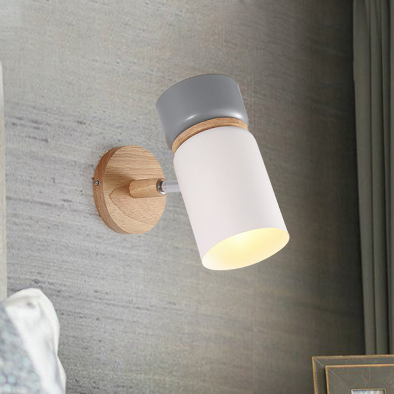 1 Bulb Cylinder Sconce Light Modern Metal Wall Mounted Lighting in Grey/White with Round Wood Backplate Clearhalo 'Wall Lamps & Sconces' 'Wall Lights' Lighting' 338601
