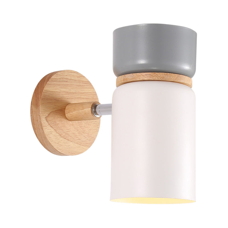 1 Bulb Cylinder Sconce Light Modern Metal Wall Mounted Lighting in Grey/White with Round Wood Backplate Clearhalo 'Wall Lamps & Sconces' 'Wall Lights' Lighting' 338603