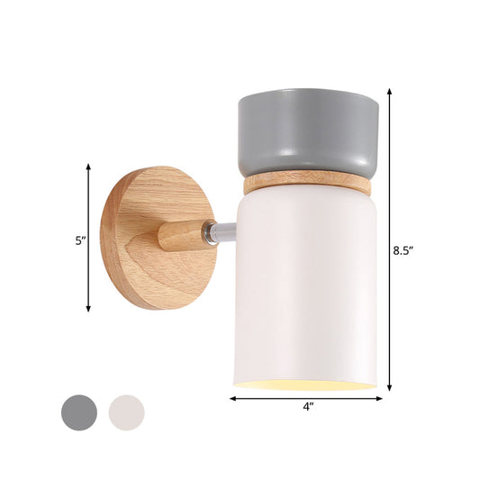 1 Bulb Cylinder Sconce Light Modern Metal Wall Mounted Lighting in Grey/White with Round Wood Backplate Clearhalo 'Wall Lamps & Sconces' 'Wall Lights' Lighting' 338604