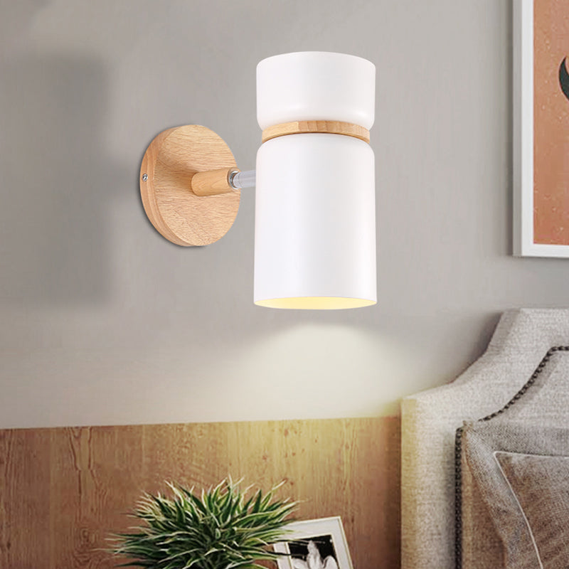 1 Bulb Cylinder Sconce Light Modern Metal Wall Mounted Lighting in Grey/White with Round Wood Backplate White Clearhalo 'Wall Lamps & Sconces' 'Wall Lights' Lighting' 338605