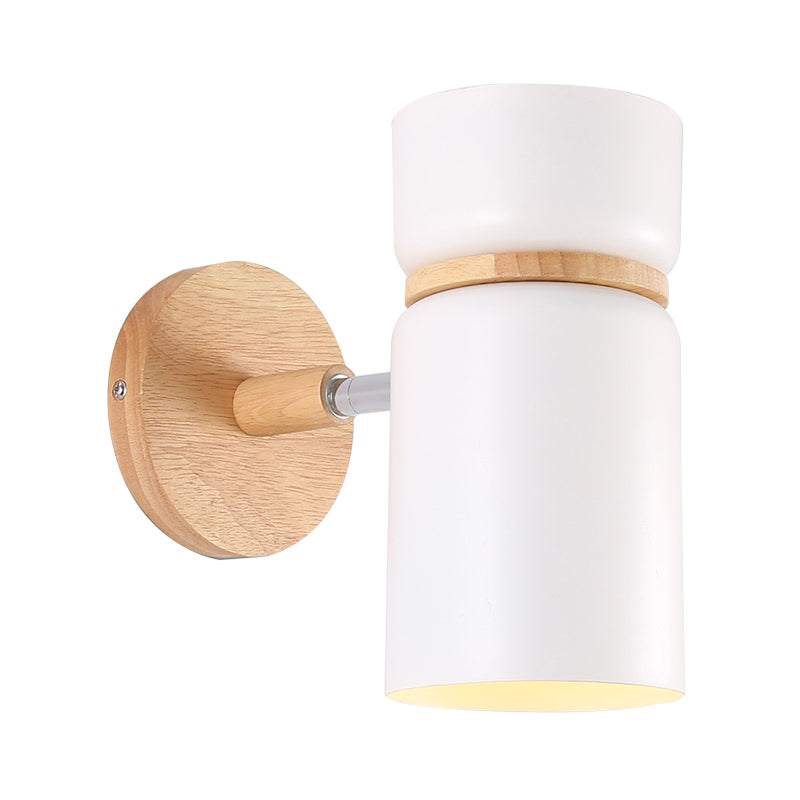 1 Bulb Cylinder Sconce Light Modern Metal Wall Mounted Lighting in Grey/White with Round Wood Backplate Clearhalo 'Wall Lamps & Sconces' 'Wall Lights' Lighting' 338607
