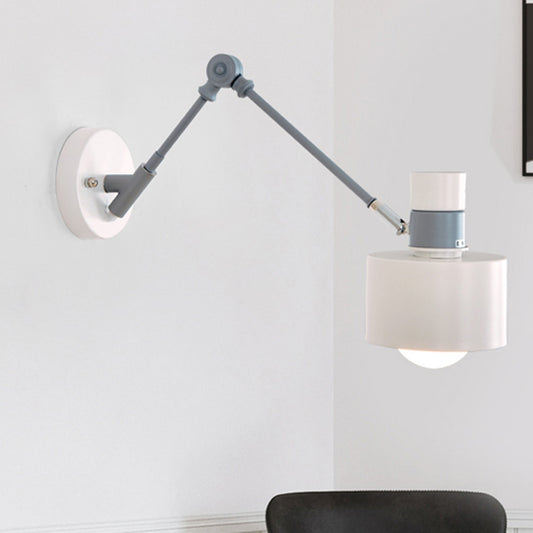 1 Bulb Drum Sconce Light Modernist Metal Wall Lighting Fixture in Grey with Adjustable Arm Clearhalo 'Cast Iron' 'Glass' 'Industrial' 'Modern wall lights' 'Modern' 'Tiffany' 'Traditional wall lights' 'Wall Lamps & Sconces' 'Wall Lights' Lighting' 338774