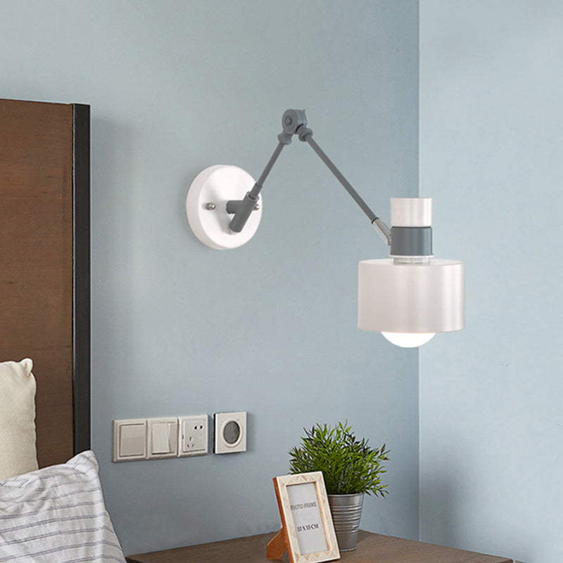 1 Bulb Drum Sconce Light Modernist Metal Wall Lighting Fixture in Grey with Adjustable Arm Clearhalo 'Cast Iron' 'Glass' 'Industrial' 'Modern wall lights' 'Modern' 'Tiffany' 'Traditional wall lights' 'Wall Lamps & Sconces' 'Wall Lights' Lighting' 338775