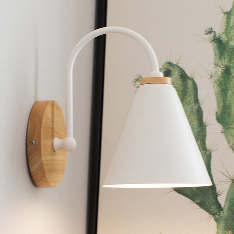 1 Head Tapered Wall Lighting Modern Metal Sconce Light Fixture in White with Circle Wood Backplate Clearhalo 'Wall Lamps & Sconces' 'Wall Lights' Lighting' 338839