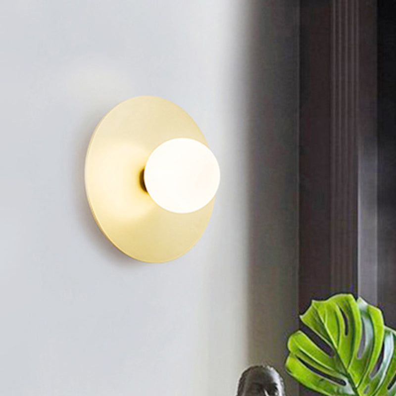 1 Bulb Bathroom Wall Lamp Modernism Gold LED Wall Light Sconce with Spherical White Glass Shade Gold Clearhalo 'Cast Iron' 'Glass' 'Industrial' 'Modern wall lights' 'Modern' 'Tiffany' 'Traditional wall lights' 'Wall Lamps & Sconces' 'Wall Lights' Lighting' 339032